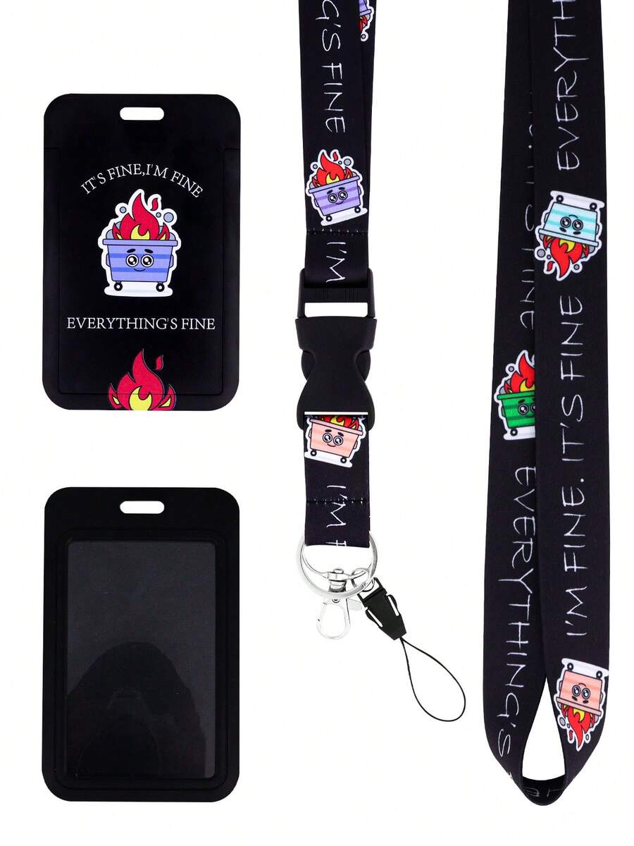 1pc Cute Burning Garbage Bins Teacher Lanyard With ID Card Holder, Metal Keychain And Phone Rope, Polyester Phone Lanyard Necklace For Keys, Keychains, And Passes. It Is A Great Gift For Women, Teachers, Students, And Staff