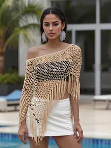Sequin Crochet Cover Up For Women Hollowed Tassel Off Shoulder Knitted Poncho  Coverup Tops - Màu Khaki - Xem 3