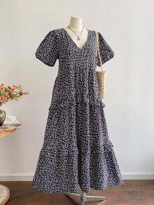 Rusttydustty 大码女式蓝色度假波西米亚碎花短袖荷叶边连衣裙，黑色夏季优雅款 - 黑色 - 查看 1