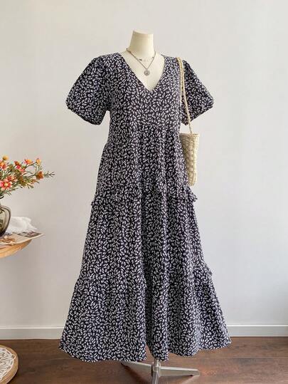 Rusttydustty 大码女式蓝色度假波西米亚碎花短袖荷叶边连衣裙，黑色夏季优雅款