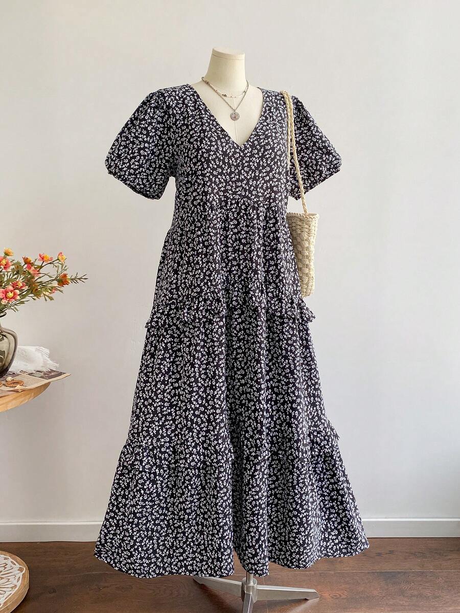 Rusttydustty 大码女式蓝色度假波西米亚碎花短袖荷叶边连衣裙，黑色夏季优雅款 - 黑色 - 查看 1