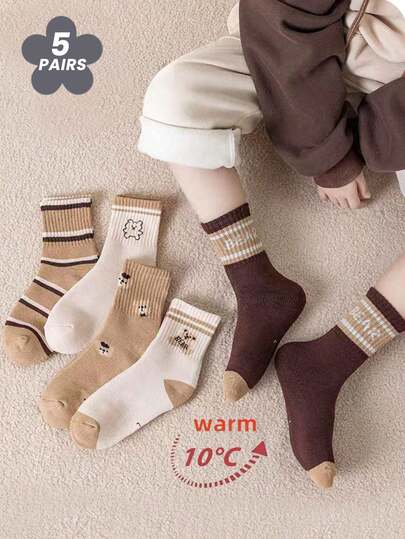 5 Pairs Kids Thick Warm Striped Cartoon Bear Crew Socks, Suitable For Autumn/Winter