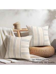1pc Decorative Farmhouse Linen Throw Pillow Covers, Boho Textured Pillow Case, Beige With White & Gray Stripe Patchwork Cushion Cover For Sofa Couch Living Room (Cover ONLY) - Navy Blue - View 2