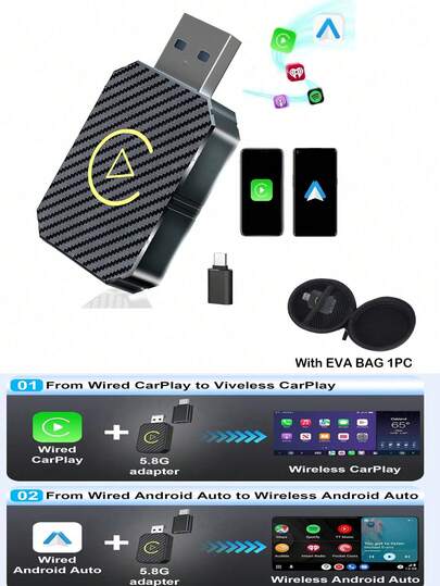 二合一无线 CarPlay 适配器 - 1 个 USB-C 适配器，兼容 和安卓手机 - 便携即插即用，支持音乐串流、通话和导航，通用兼容性强，内置无线技术，不含电池