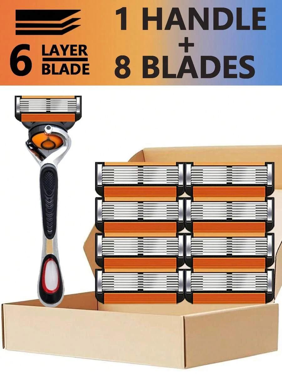 6 层 - 男士手动安全剃须刀，配有 1 个手柄和 8 个刀片，包括可更换刀片，使用时不留痕迹，剃须干净无残留，适合家庭和旅行使用 - 彩色 - 查看 1