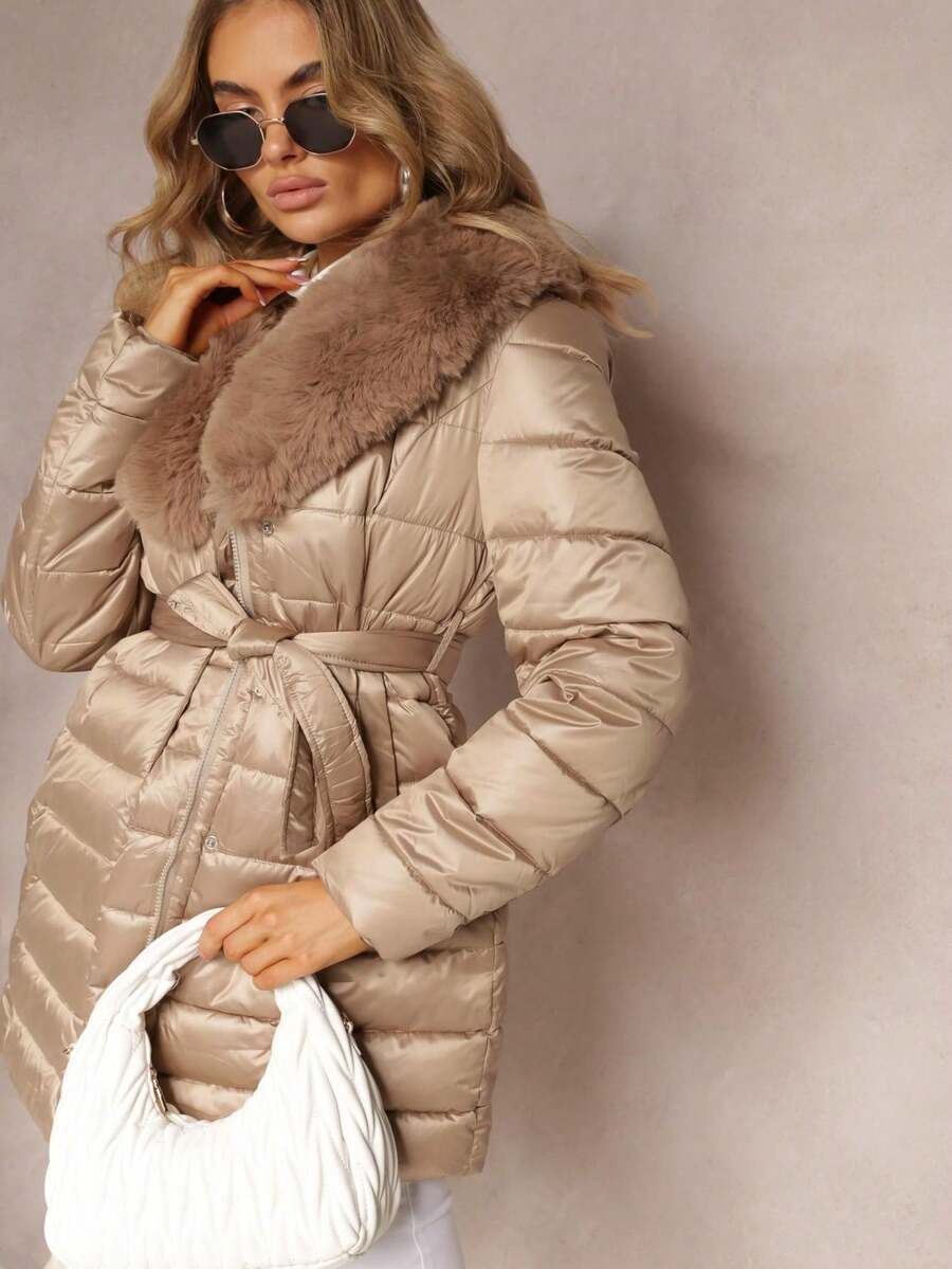 Quilted Jacket With Belt And Fur Collar - Beige - View 1