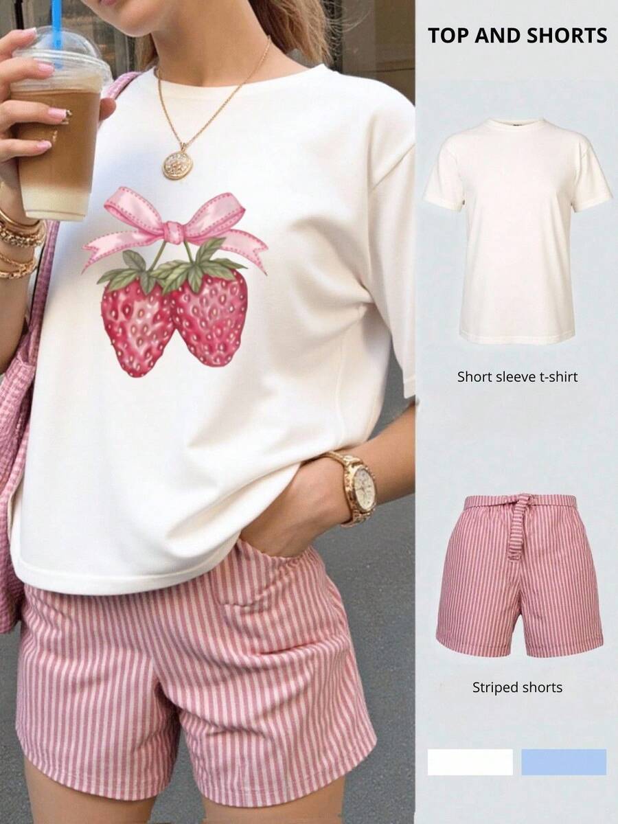 2pcs Conjunto dos piezas de ropa de mujer de verano  parte superior estampado fresas con moño rosa manga corta y shorts a rayas ajustables, ropa de ocio y vacaciones de playa - blanco y rosa - Ver 1