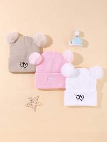 3 件 Baby Love 刺绣冬季厚针织帽，可爱的帽子适合男婴和女婴，带有双绒球设计。圣诞节/感恩节礼物 - 彩色 - 查看 7