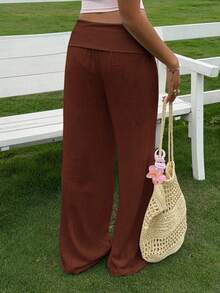 Women Cotton Linen Summer Palazzo Pants Wide Leg Lounge Pants Loose Straight Leg Solid Color Fold Over Low Rise Pants Casual Boho Beach Vacation Trousers Streetwear - 咖啡棕 - 查看 4