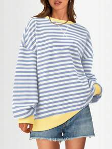 Women Casual Oversized Striped Sweatshirt Crewneck Long Sleeve Y2K Loose Pullover Shirt  Spring Fall Autumn Tops Clothes - Blue + beige - View 3