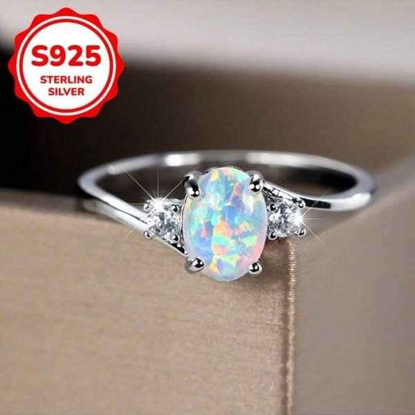 Elegant 925 Sterling Silver Oval White Opal Ring, A Gift For Ladies' Engagement And Wedding
