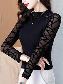 Women's Spring/Autumn Patchwork Sheer Geometric Mesh Fitted Flocked Top - Black - View 3