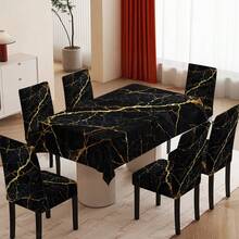 4/6/5/7 件优雅金色大理石图案印花桌布椅套套装，4 件（4 个椅套），6 件（6 个椅套），5 件（1 桌布 + 4 个椅套），7 件（1 桌布 + 6 个椅套），适用于室内/室外、家庭聚会、节日桌椅装饰，可重复使用 - 彩色 - 查看 14