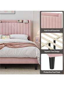 Queen Size Upholstered Velvet Bed Frame With Charging Outlets & USB Ports, Pink