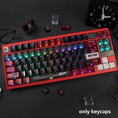 141-Key ZAGU Red PC Material Mechanical Keyboard Keycaps With Translucent UV Printing, Factory Height Compatible With 61/64/75/87/98/104
