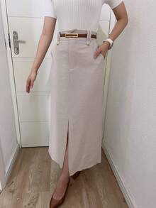 Midi Skirt With High Waist Slit Belt - 米色 - 查看 4