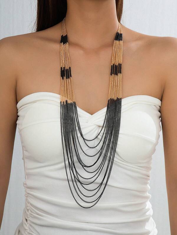 1pc Fashionable Dual-Tone Metal Chain & Pearl Layered Necklace, Vintage Elegant Romantic Boho Style Long Necklace, Suitable For Women Street Style, Date, Party, Stage, Vacation, Gift, Daily Wear