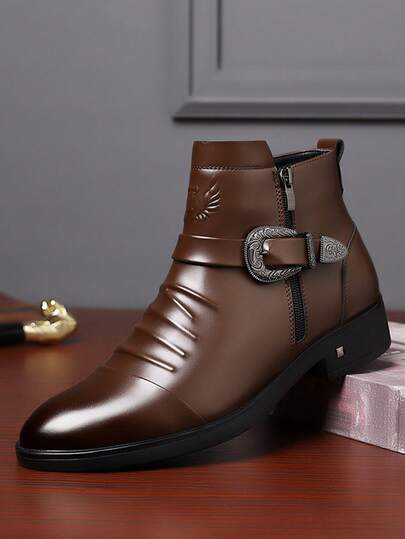Men's Elegant Pointed Toe Dress Boots With An Easy-Access Inner Zipper, Adorned With A Wing Emblem And A Chic Buckle Strap, Perfect Footwear For Weddings, Parties, And Business Events.