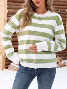 Women's Casual Loose Fit Contrast Color Striped Oversized Sweater, Autumn/Winter
