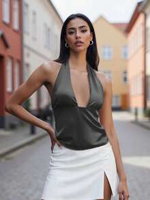 Womens Halter Tank Tops Summer  Solid Color Slim Fit Backless Deep V Neck Sleeveless Shirt - 黑色 - 查看 1