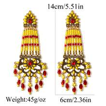 FANYINAN 1 对复古东南亚风格锌合金粘性水钻绿色串珠小吊坠米珠流苏女士耳环适合日常派对音乐节节日佩戴