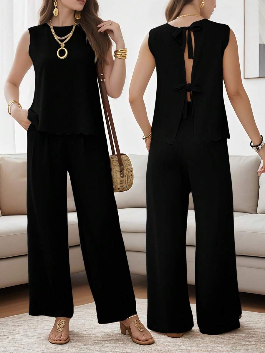 Summer Women'S Sleeveless Strappy Tie-Waist Pants, New Fashion Pants. - 黑色 - 查看 1