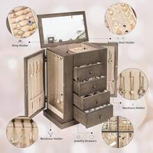 Yoimori Jewelry Box For Women 5 Layer Large Wood Boxes And Organizers For Necklaces Earrings Rings Bracelets Rustic Organizer With Drawers And Mirror Weathered Gray