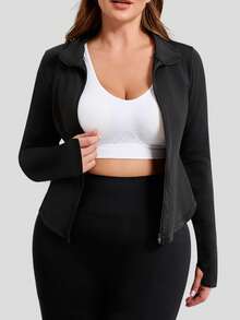 1pc Plus Size Fleece Zip-Up Long Sleeve Jacket, Solid Color Slim Fit U-Hem Design, Versatile For Casual, Cycling, Outdoor, Yoga Wear - Black - View 6