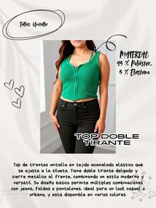 Top corto, clásico y casual de tirantes para mujer, tejido de punto, tela de poliéster y elastano, textura tipo canalé, apto para la temporada de verano, escote en "V". Diseño ajustado con cierre metálico. Muy fresco y cómodo, ideal para el uso diario. - Beis - Ver 5