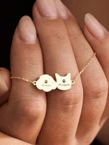 1pc Personalized 1-4 Pet Engraved Cat Dog Portrait Necklace, Gold Plated Stainless Steel Thin Chain, Pet Mom Style - Gold - View 7