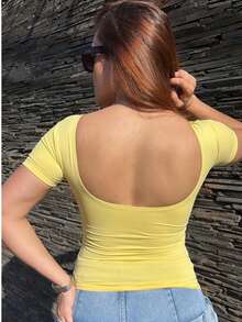 Women's Polyamide Blouse With Back Neckline - Yellow - View 3