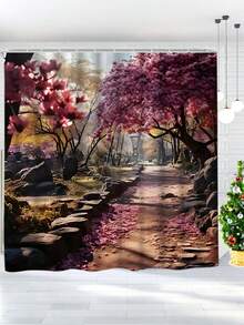 1 pièce Rideau de douche à motif paysage floral rose, rideau de douche imperméable avec crochets, séparateur de salle de bain, accessoire de décoration de salle de bain, décoration de Noël