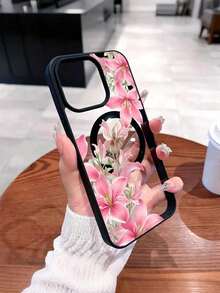 Pink Lily Flowers Pattern Magnetic Clear Phone Case For IPhone 17/16/15/14/13/12/11/Air/ProMax/Pro/Plus For Samsung Galaxy S25-S22/FE/Ultra, Shockproof Acrylic+TPU Cover, Fundas Para Cover De Matching, Creative Y2K Design, Compatible Forroid Cases For Students - 黑色 - 查看 2