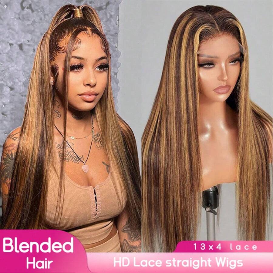 Glueless Lace Front Wig Blended Hair Brazilian Virgin Hair 13*4 HD Lace Front Wig 200% Density 4/27 Colored Pre Plucked With Baby Human Blended Hair Bob Highlight Ombre Lace Front Wig 8-34 Inch Honey Lace Front Wigs Natural Black