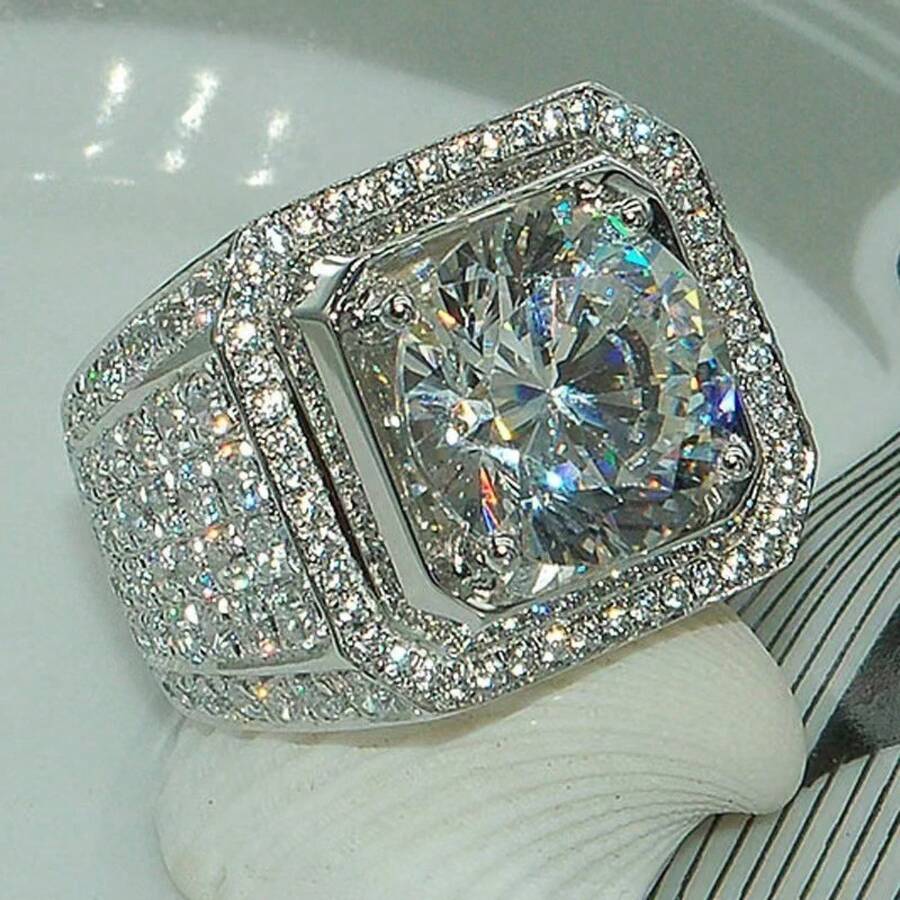 European And American Fashion Ring Domineering Men's Style Diamond Ring Full Diamond Micro Inlay Hand Jewelry - Bạc - Xem 1