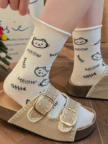 5 Pairs Women's Cartoon Animal & Letter Pattern Comfortable Rolled Cuff Crew Socks, Breathable Mid-Calf Socks - Multicolor - View 8