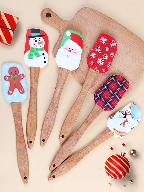 1/6pcs Christmas Silicone Spatula Santa Claus Elk Snowflake Snowmen Xmas Cake Spatula With Wooden Handle For Baking And Mixing Christmas Party Kitchen Utensil