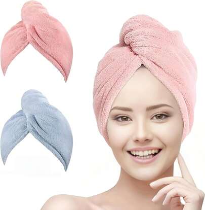 Paquete de 2 Toallas de Microfibra; Seca el Cabello Rápidamente; Gorro Absorbente para Mujeres; Gorro de Baño Suave con Botón (Rosa + Azul) (Paquete de 2)