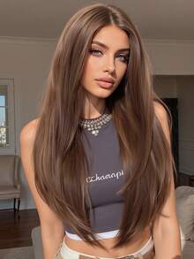 26 Zoll lange lockige braune synthetische Perücke mit Pony für Frauen, hitzebeständig, natürlicher Mittelscheitel, für Cosplay, Partys, Hochzeiten, Halloween und den täglichen Gebrauch