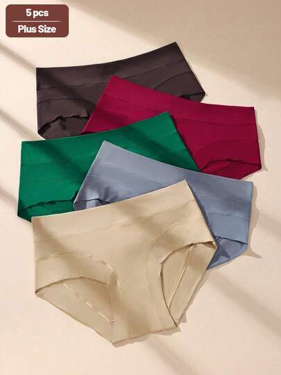 5pcs/Pack Women Plus Size High Waist Solid Color Briefs, Casual Comfortable Minimalist Stretch Soft Breathable Panties