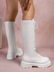 Botas altas de mujer con suela gruesa y cremallera lateral, nuevas para otoño 2025. Botas de caballero de moda con cordones sobre la rodilla, tallas grandes. - Blanco - Ver 6