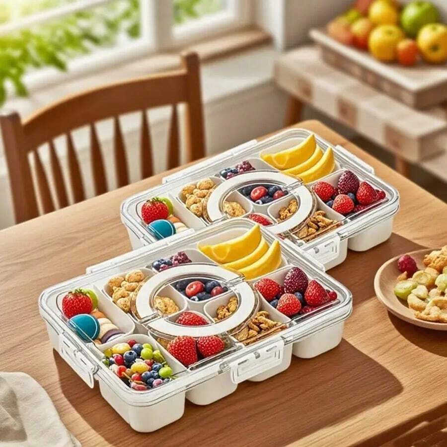 8-Compartment Plastic Serving Tray With Handle - Ideal For Lunch, Salad, Charcuterie, Candy, Party - Fridge And Travel Platter, Baskets, Bins & Containers For Home Organization, Microwave, Fridge Storage | Colorful Compartment Tray | Plastic Tray, Fruit Trays, Home Decor, Party & Christmas Storage