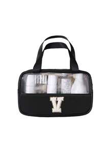 1个透明PU/PVC字母形防水旅行洗漱包，拉链化妆品收纳袋，带便捷提手的便携式化妆包 - 黑色 - 查看 31