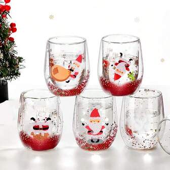 1pc/4pcs, 300ml, Double-Layer Christmas Pattern Glass Cup, Multiple Styles, Double-Layer Mug, Glass Coffee Cup, Heat-Resistant And Insulated, Personalized Gift, Iced Coffee Cup, Kitchen Supplies, Suitable For Coffee, Tea, Milk, Iced Americano And Latte, Cappuccino, Drinking Glass, Clear Wine Glass, Water Glass, Gift For Boyfriend, Girlfriend, Family, Teachers, Colleagues