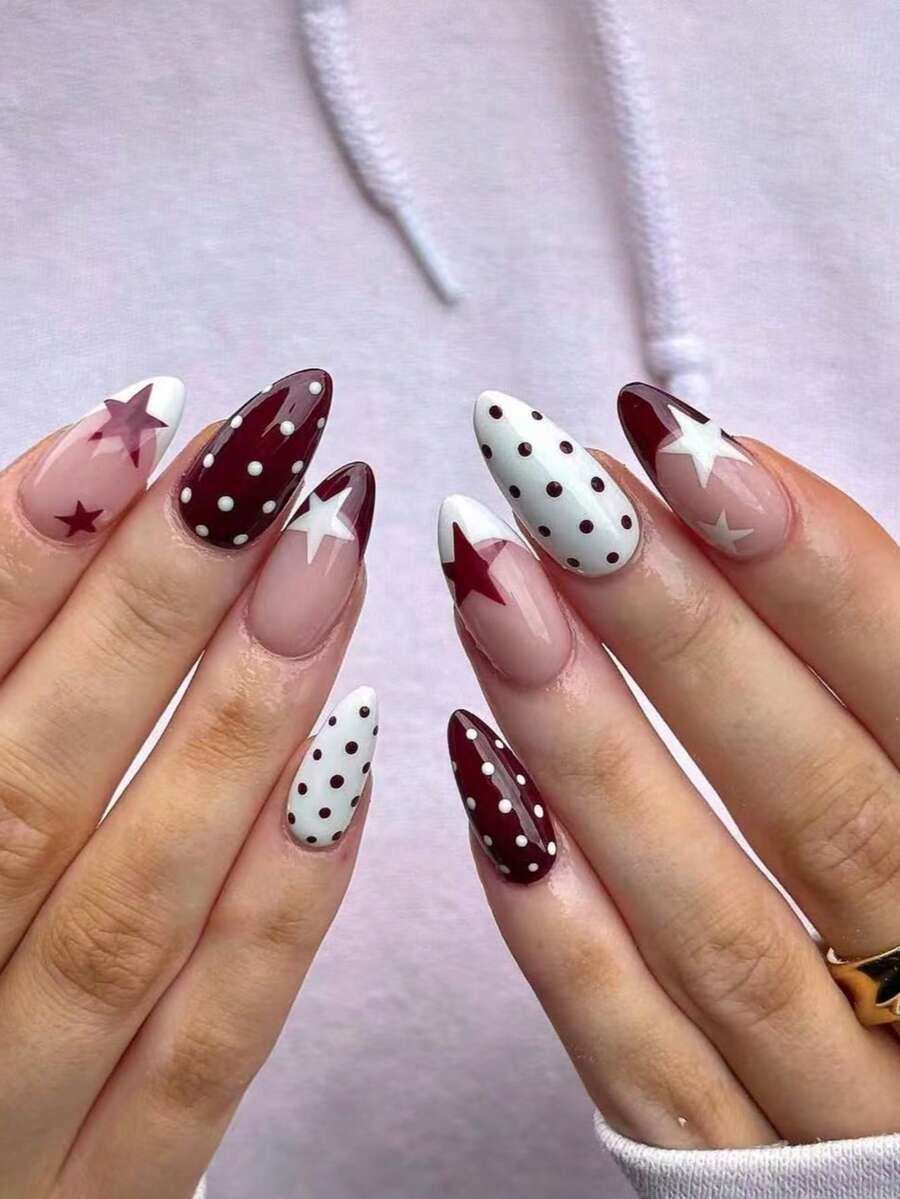 10片手工杏仁形渐变白色和深红色波点星形设计时尚优雅假指甲美甲用品 - 彩色 - 查看 1