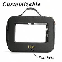 Customized Letters 1pc Colorful Portable PU Leather Cosmetic Case Graceful Life Travel Transparent Ladies Makeup Bag Clear TPU Water- Resistant Monogrammed Initial Letters Cosmetic Bag Women Toiletries Accessories Wash Bag Letter Multifunction, Versatile, Large Capacity, Lightweight, Functional, Foldable, Practical, All-Purpose Fashionable, Contracted, Minimalist, Preppy, Basics,Bags & Luggage,2025 Halloween Accessories,Essential For Daily Travel - Black - View 2