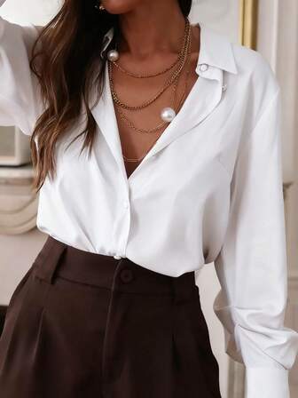 Classic White Woven Fabric Long Sleeve Women's Shirt, With Collar And Button Front, Suitable For Everyday Wear, Pleated Sleeves