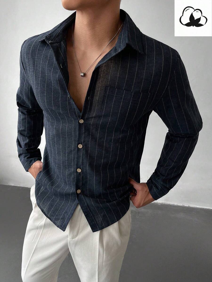 Men's Casual Commuter Striped Print Patchwork Pocket Long Sleeve Shirt, Spring/Autumn