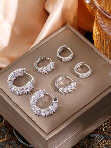 6pcs Cubic Zirconia Hoop Earrings Sets Women Leaf Silver Plated Earrings Holiday Party Birthday Wedding Jewelry Gift For Girlfriend Wife Couple