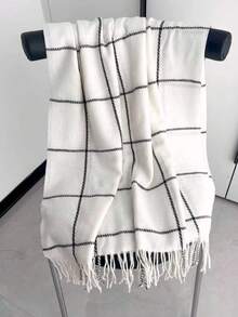 1 件女士冬季新款仿羊绒格子围巾，简约时尚流苏环围巾保暖披肩男女通用防寒，适合日常旅行、休闲穿着 - 白色 WT156-4 - 查看 2